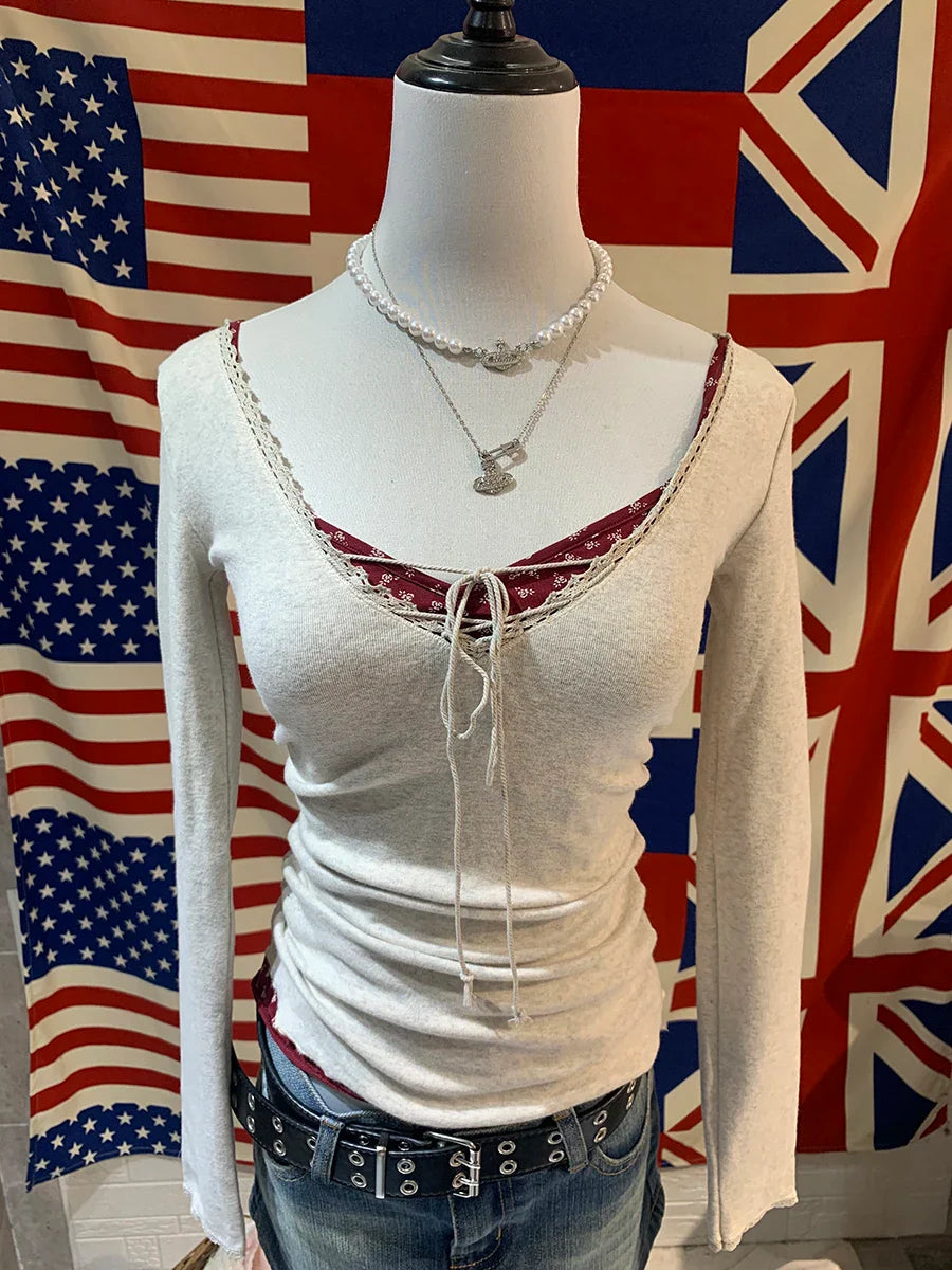 Bandage Lace Trim Long Sleeve T-shirt  Sexy V-neck Cotton Slim Tshirt Top Female Casual Simple Solid Elegant Woman's Tees