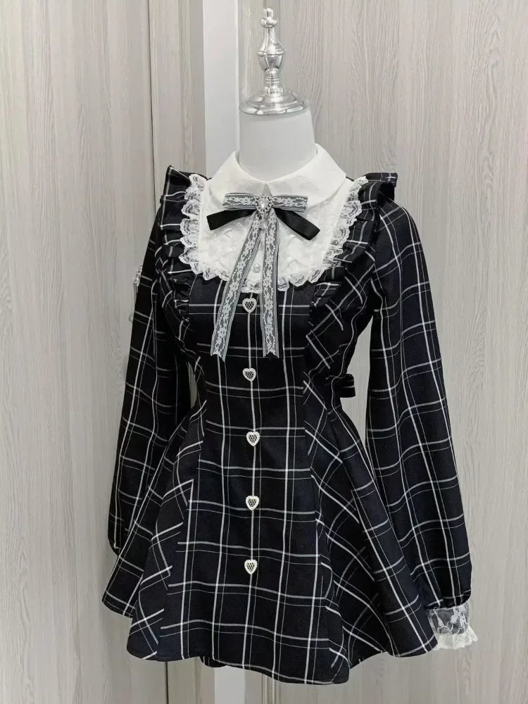 Harajuku Sweet Bow Black Plaid Dresses All-match Slim Fit Kawaii Lolita Dress
