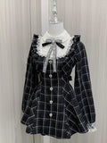 Harajuku Sweet Bow Black Plaid Dresses All-match Slim Fit Kawaii Lolita Dress