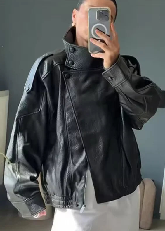 Long Sleeve Pebble Faux Leather Jacket Motorcycle Style Personality Fashion
