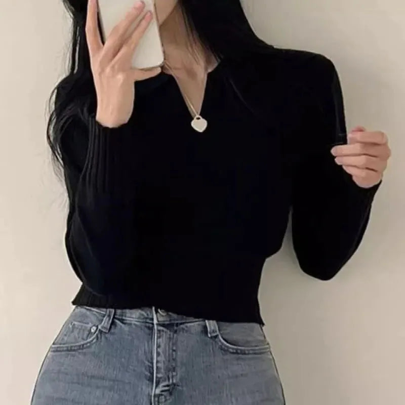 Button-Up Collar Cropped Knit Sweater Long Sleeve Slim Fit
