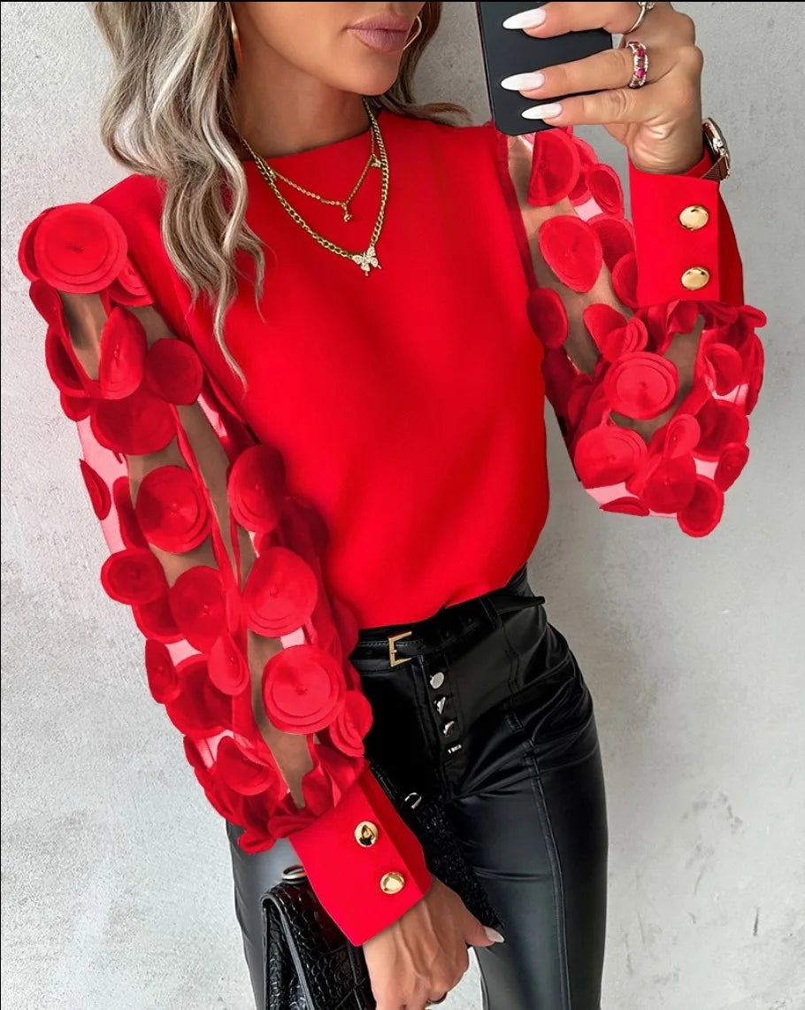 Women's Lace Floral Long-Sleeve Blouse