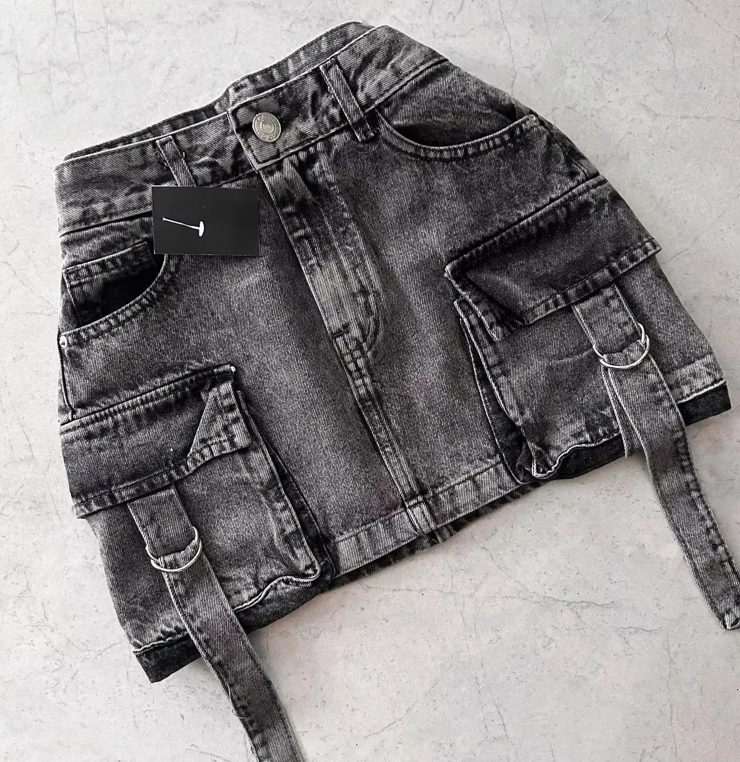 Y2K Adjustable Waist Mini Skirt Harajuku Hot Girl Solid Color Retro Gray Denim Skirt Women Gothic Slim Hip Low Waist Short Skirt