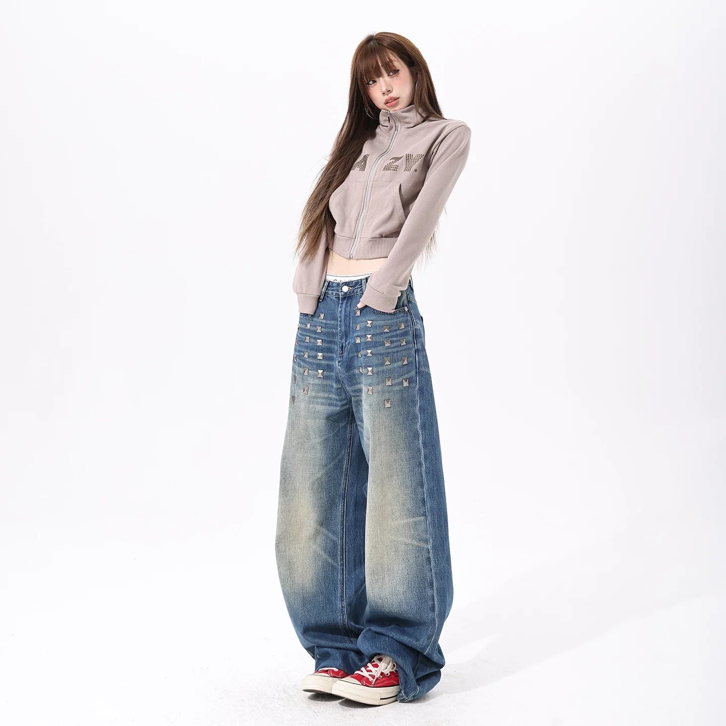 Retro Distressed Wide-Leg Jeans