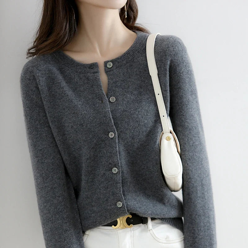 Women's Knitted Cardigan Sweater - O-Neck Button-Up Top