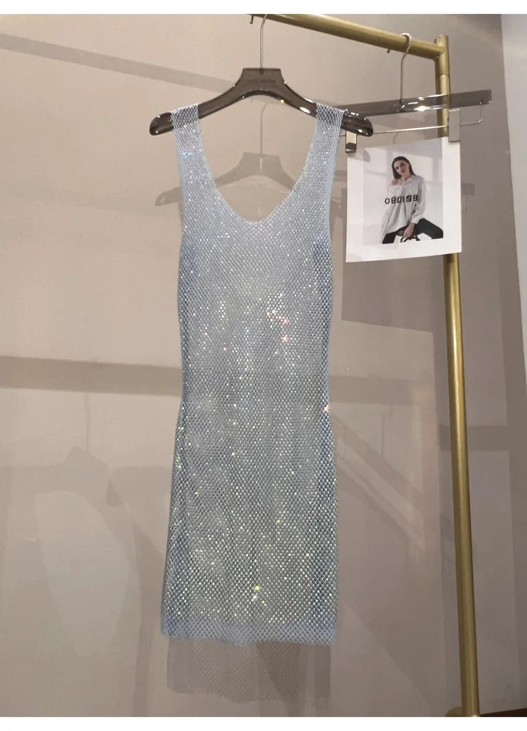 Sexy Sleeveless Skeleton Glitter Rhinestone Dress Mesh See Through Round Neck Midi Party Dress
