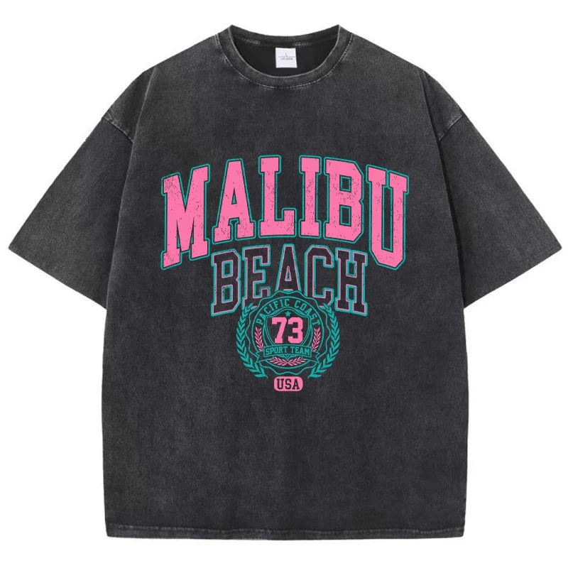 Malibu Beach Letter Print Washed Oversized Tee