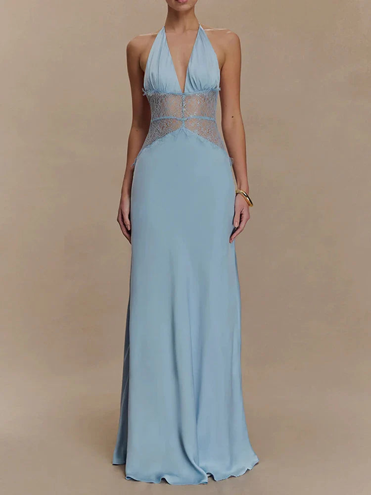 Backless Lace Halter Deep V Neck Maxi Dress | Women's Elegant Evening Gown