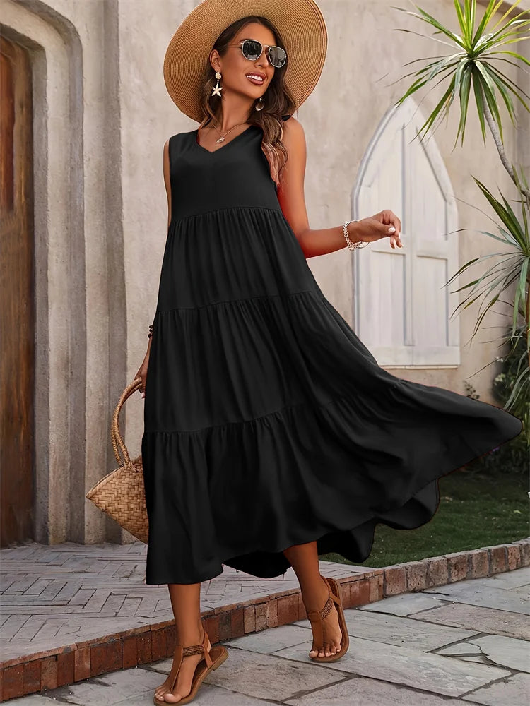 Women's Casual A-Line Tank Dress - V-Neck Sleeveless Midi Dress