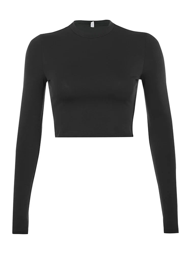 Solid Basic Long Sleeve Womens Tshirt Casual Black White Fashion Crop Top T Shirt Ladies Fashion Korean Tee Shirt