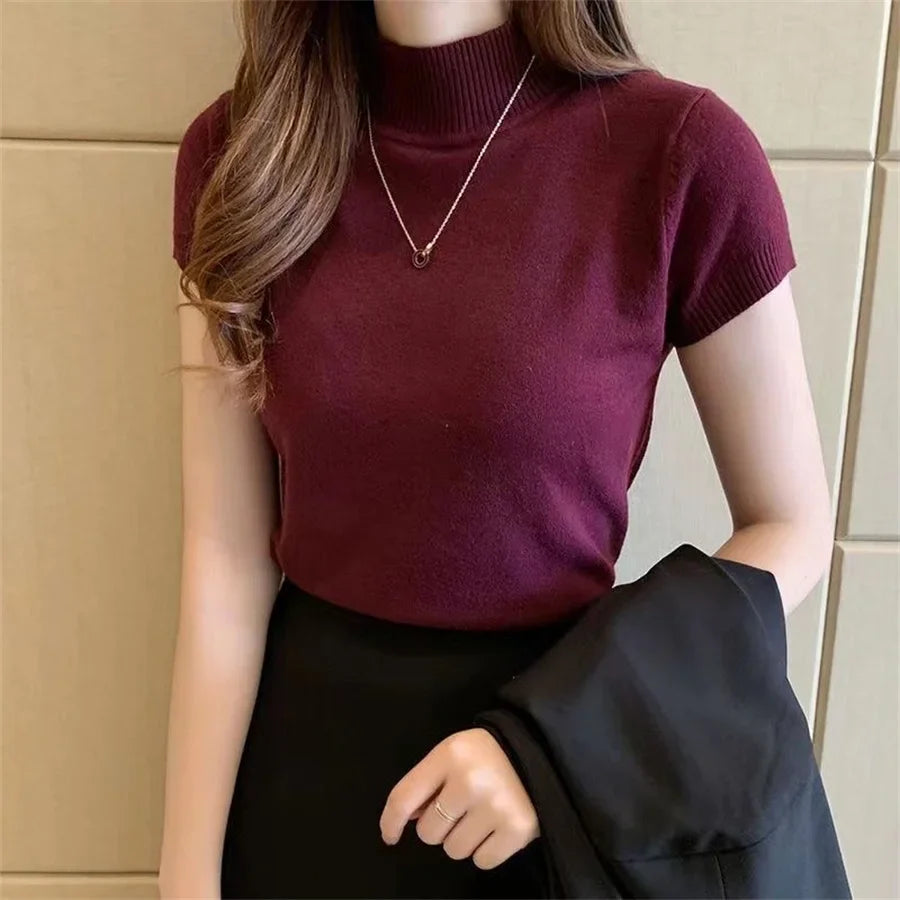 Turtleneck Short Sleeve Knit Slim Top