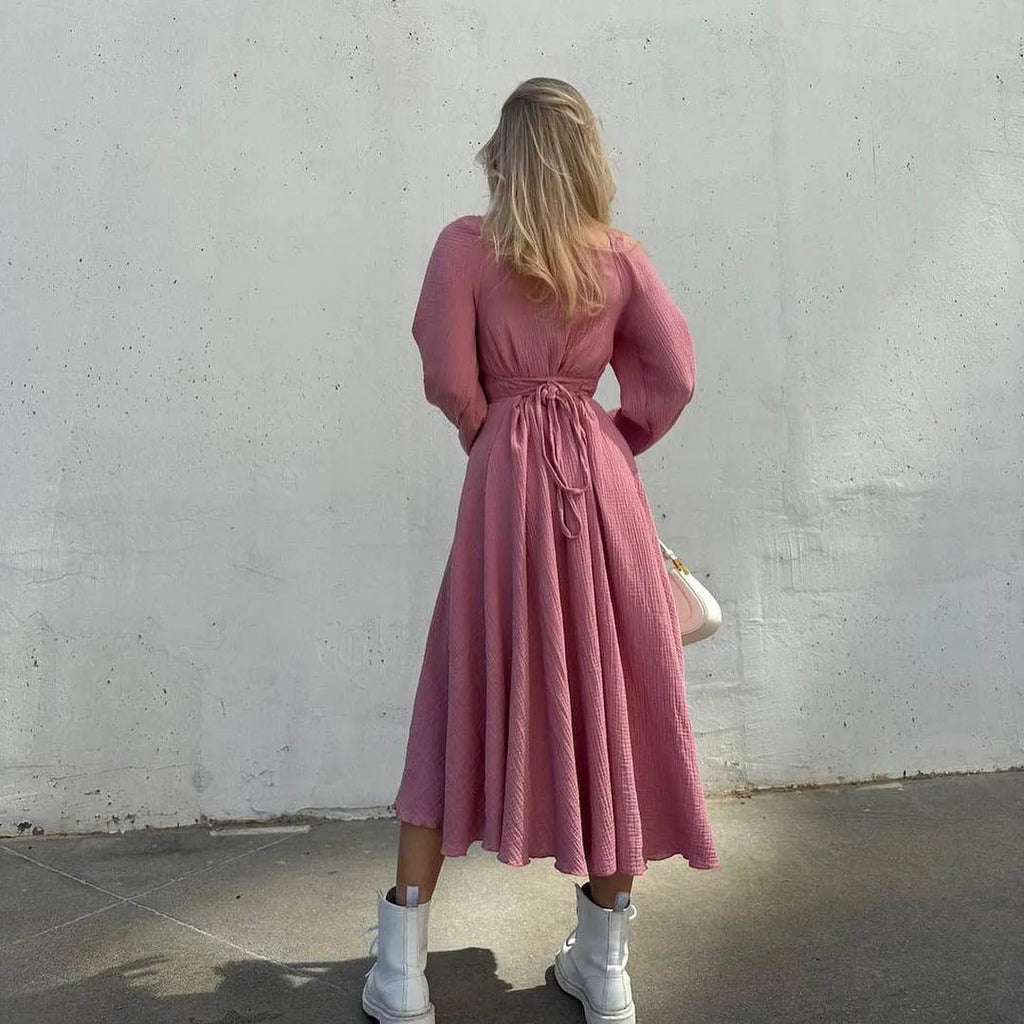 Lace-Up Square Collar Sexy Dress Women Lantern Sleeve Cotton Slit Midi Dress Streetwear