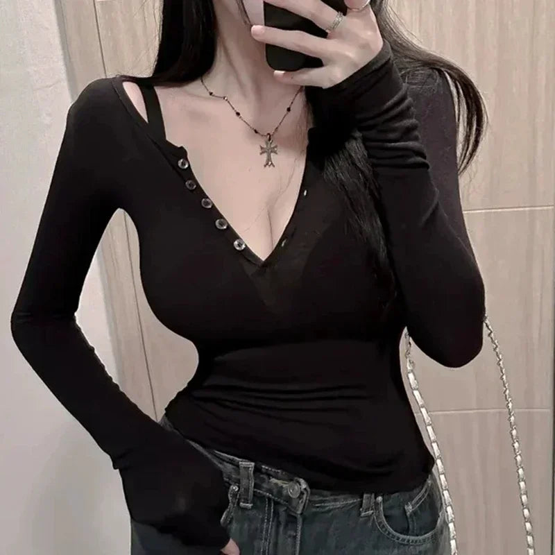 Button Long Sleeve T-Shirt Women Solid Color Slim Fit Top