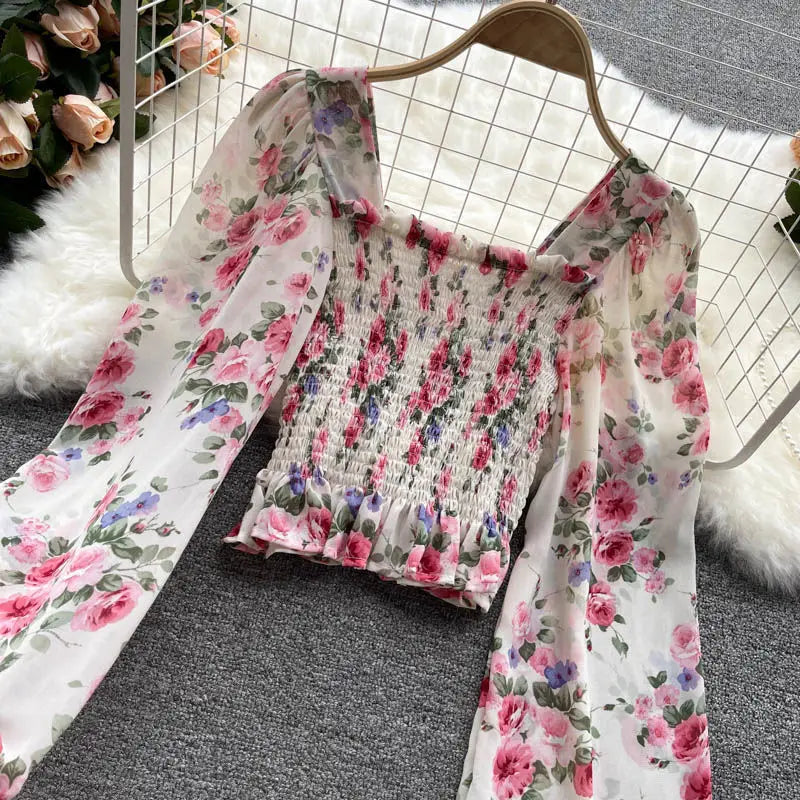 Pink Floral Chiffon Blouse Women Square Collar Lantern Sleeve Korean Fashion