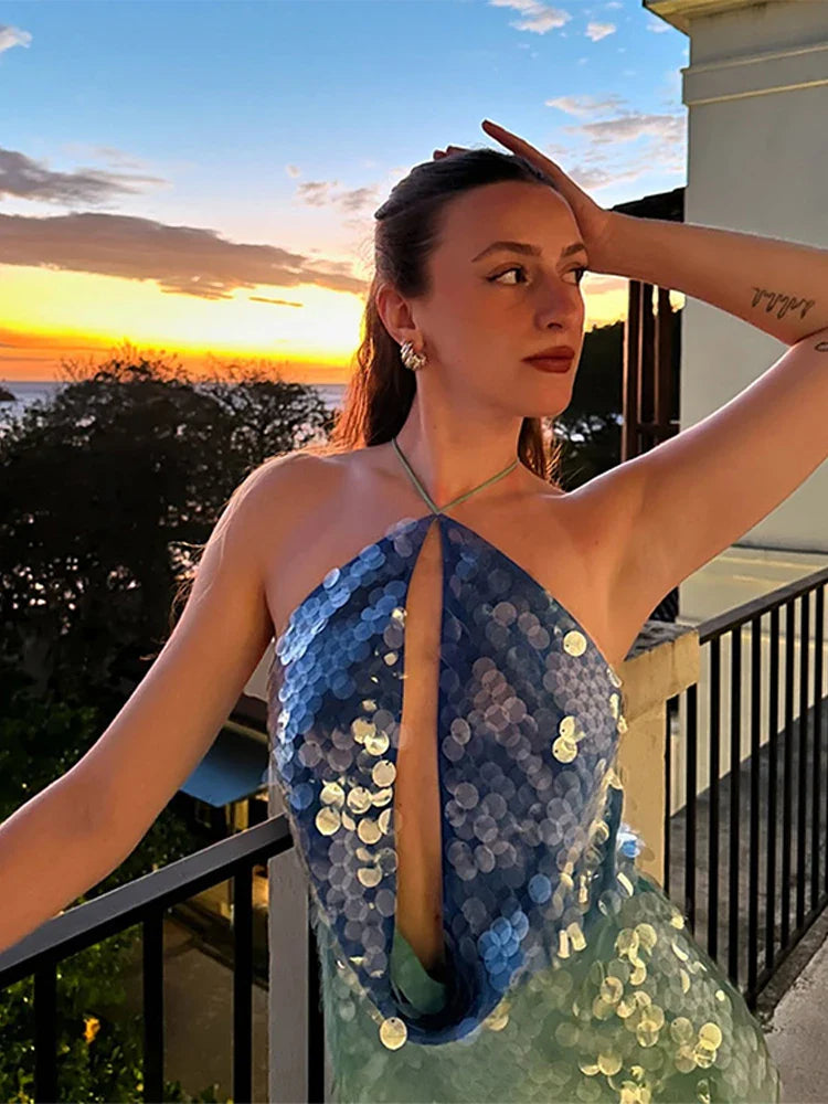 Sexy Sequin Shiny Mini Dress Women Luxury Blue Green Patchwork Halter Evening Party Dress