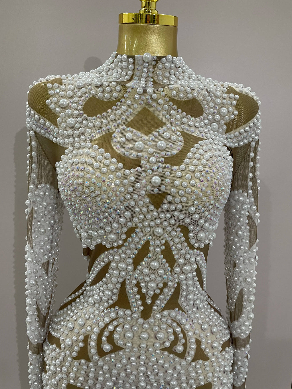 Rhinestone Pearl Mesh Evening Gown