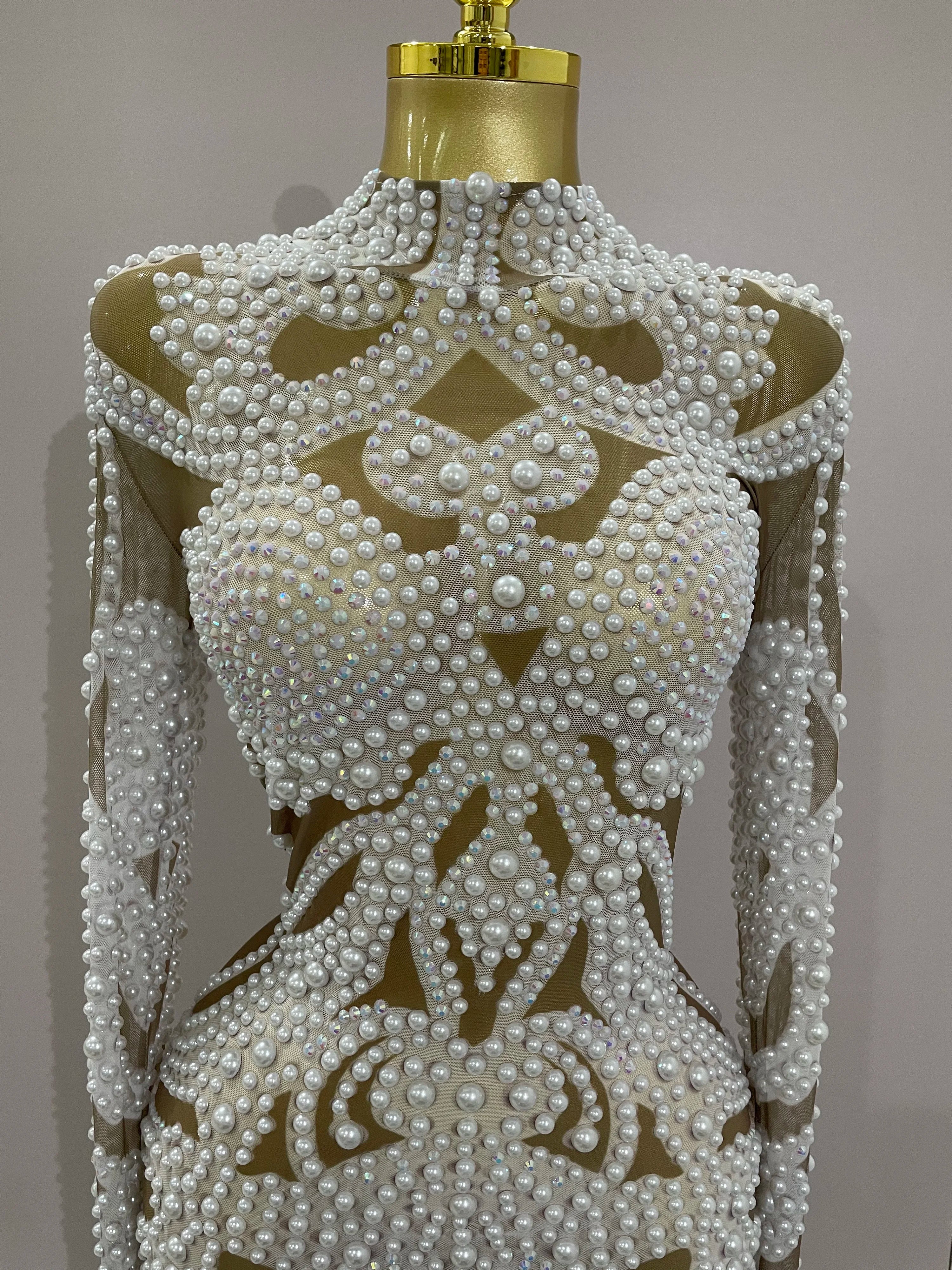 Rhinestone Pearl Mesh Evening Gown