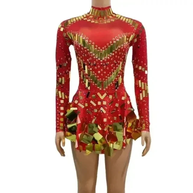 Women's Mirror Sequin Party Dress - Stretch Stage Dance Dress