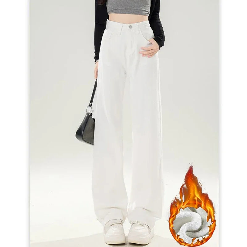 High Waist Fleece-Lined Slim Straight Jeans