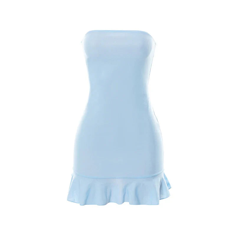 Women Soft Tender Slight Blue Strapless Wrap Hipster Mini Pleated Dress Pullover Sexy Charm Outfits Girls Dating Wear