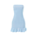 Women Soft Tender Slight Blue Strapless Wrap Hipster Mini Pleated Dress Pullover Sexy Charm Outfits Girls Dating Wear