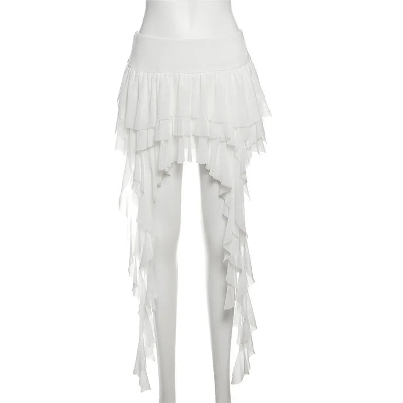 SylCue Ruched Elegant Mini Skirts Women Y2K Sweet Style Elastic Waist Ruffles Tassel Street Fashion Trend Solid Classic Outfits