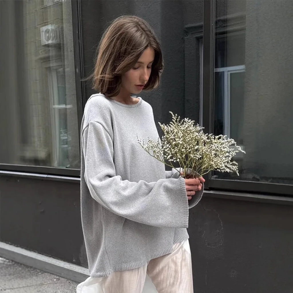 Round Neck Backless Knit Sweater Long Sleeve Loose Fit Hollow-Out