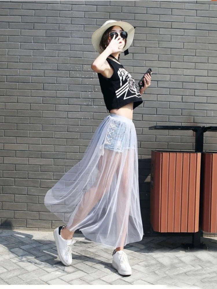 Women's Lace Mesh Transparent Maxi Skirt