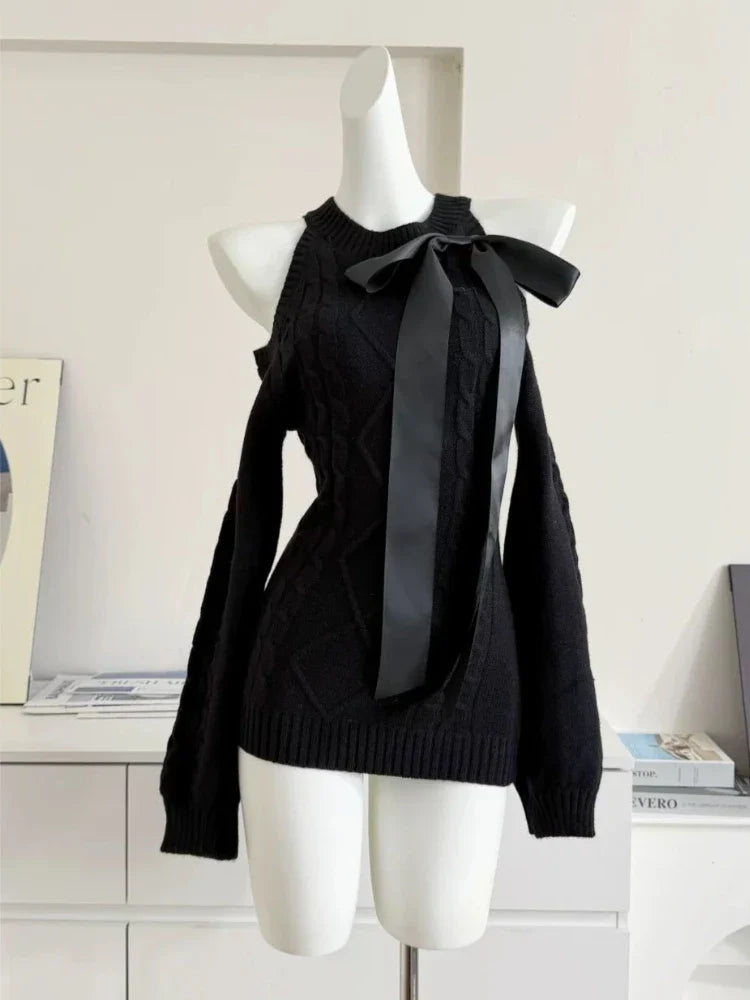 V-Neck Lace Knit Sweater Long Sleeve Loose Fit Pullover with Bow Detail