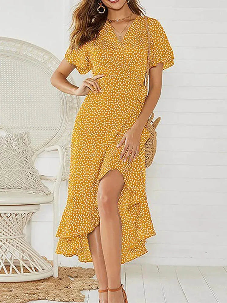 Floral Print V-Neck Ruffle Flare Sleeve Chiffon Maxi Dress
