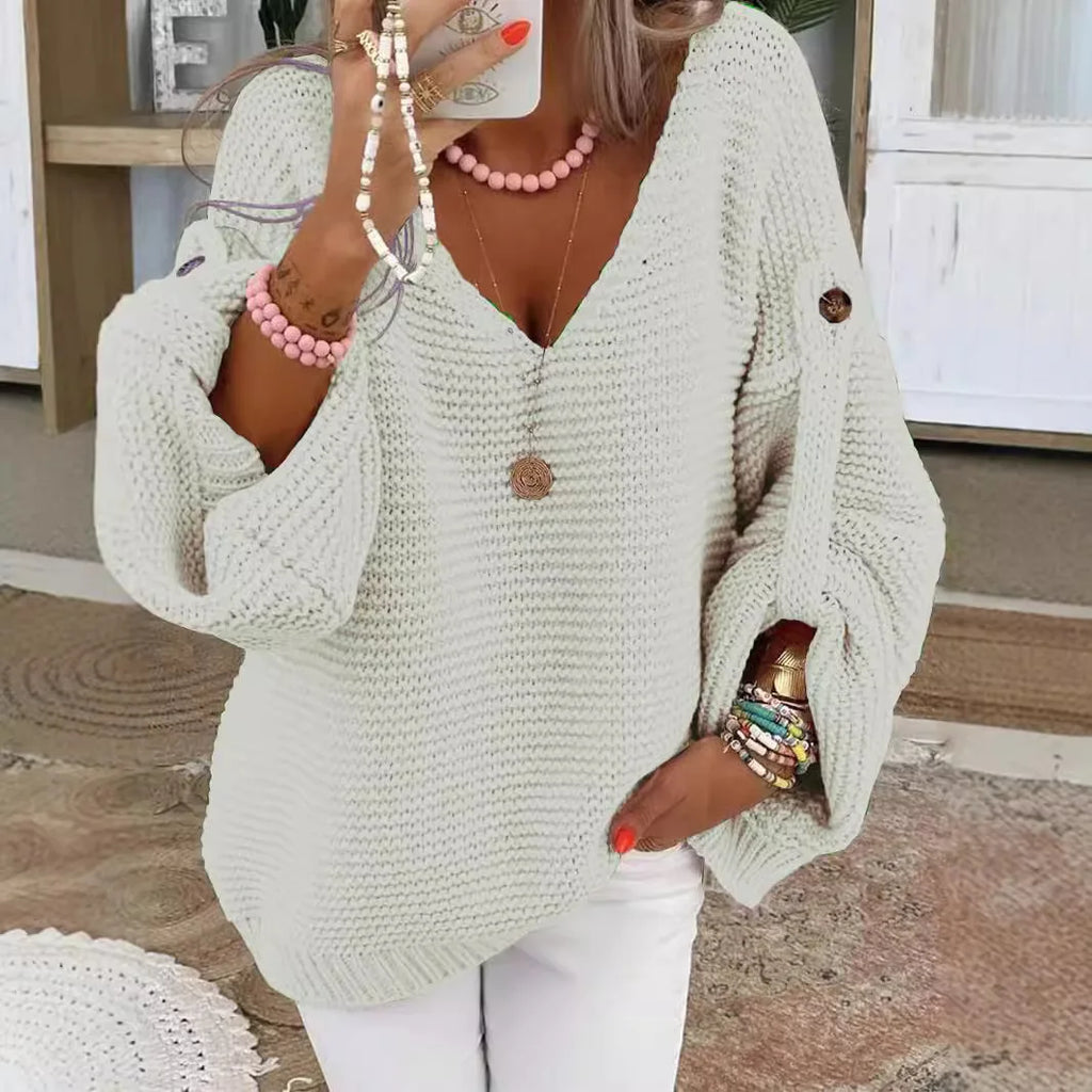V-Neck Knit Cardigan Button Front Lantern Sleeve Loose Fit