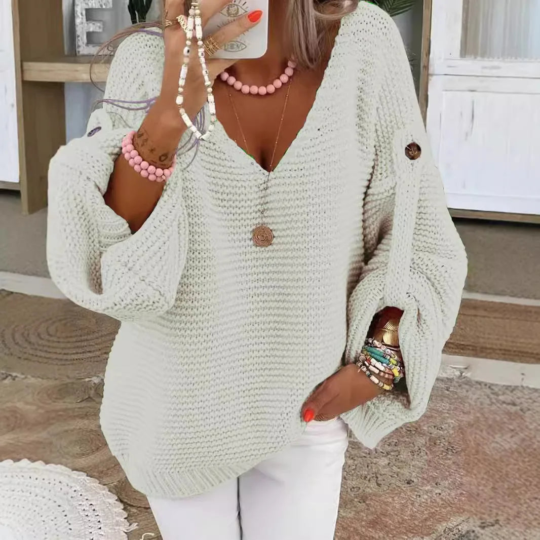 V-Neck Knit Cardigan Button Front Lantern Sleeve Loose Fit