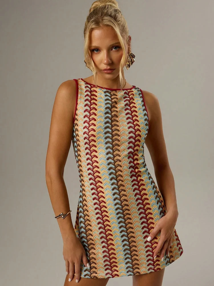Irregular Printed Knitted Mini Dress For Women Chic Backless Slanted Shoulder Slim Fit Dresses 2025 Summer Holiday Beach Robes