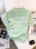 Round Neck Hollow-Out Knit Top Short Sleeve Slim Fit Cropped Pullover