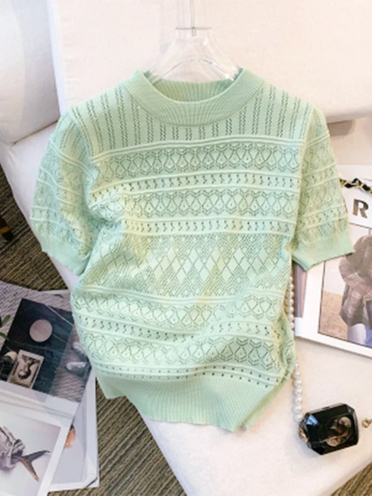 Round Neck Hollow-Out Knit Top Short Sleeve Slim Fit Cropped Pullover