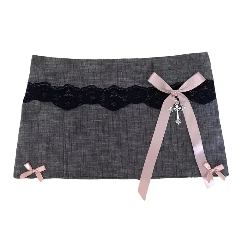 Y2K Adjustable Waist Mini Skirt Harajuku Hot Girl Solid Color Retro Gray Denim Skirt Women Gothic Slim Hip Low Waist Short Skirt