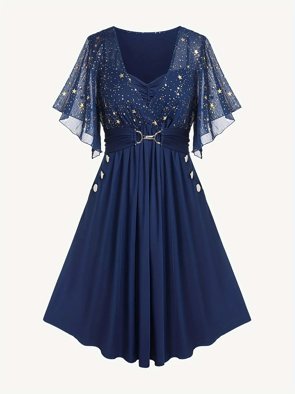 Butterfly Sleeve Star Print Button Pocket Pleats Sequined Regular Fit Dress Plus Size