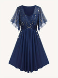 Butterfly Sleeve Star Print Button Pocket Pleats Sequined Regular Fit Dress Plus Size