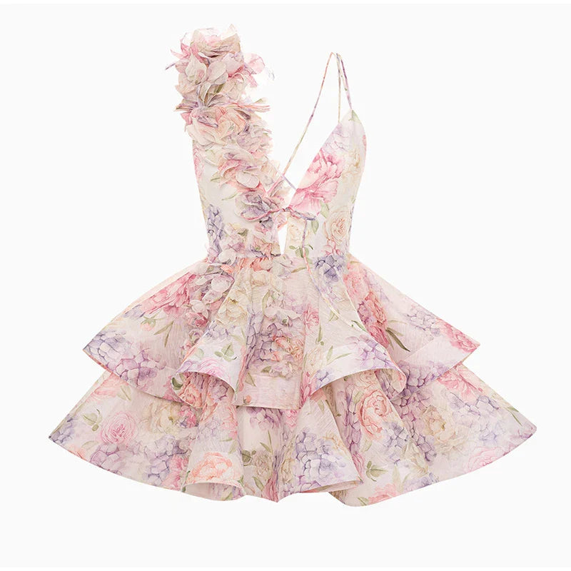 3D Flower Print Lace-Up Backless Mini Dress