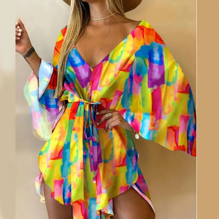Floral Print V-Neck Batwing Sleeve Loose Mini Dress