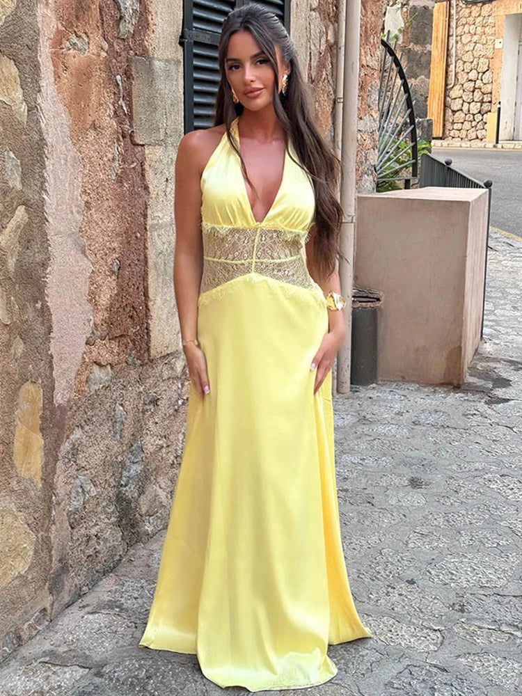Backless Lace Halter Deep V Neck Maxi Dress | Women's Elegant Evening Gown