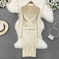 REALEFT Autumn Winter V-Neck Women's Knitted Dresses 2024 New Single Breasted Long Sleeve Solid Front Split Midi Dresses Female