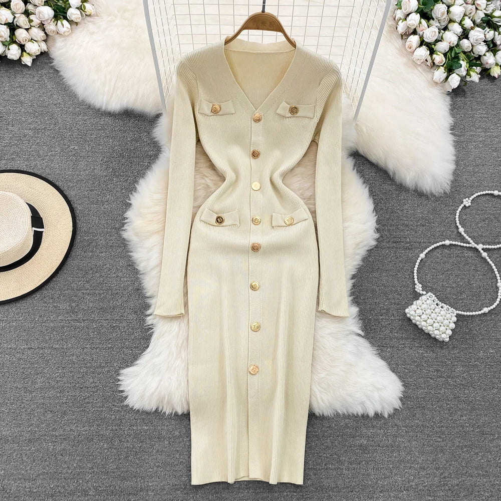REALEFT Autumn Winter V-Neck Women's Knitted Dresses 2024 New Single Breasted Long Sleeve Solid Front Split Midi Dresses Female