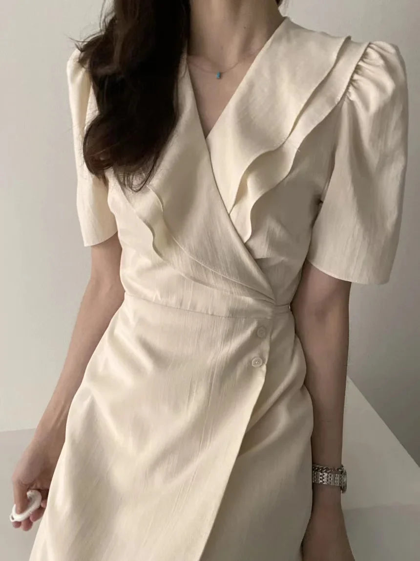 Women Retro Vintage Ruffles Midi Dress Japan Style Lace-Up V-Neck Short Sleeve Dress
