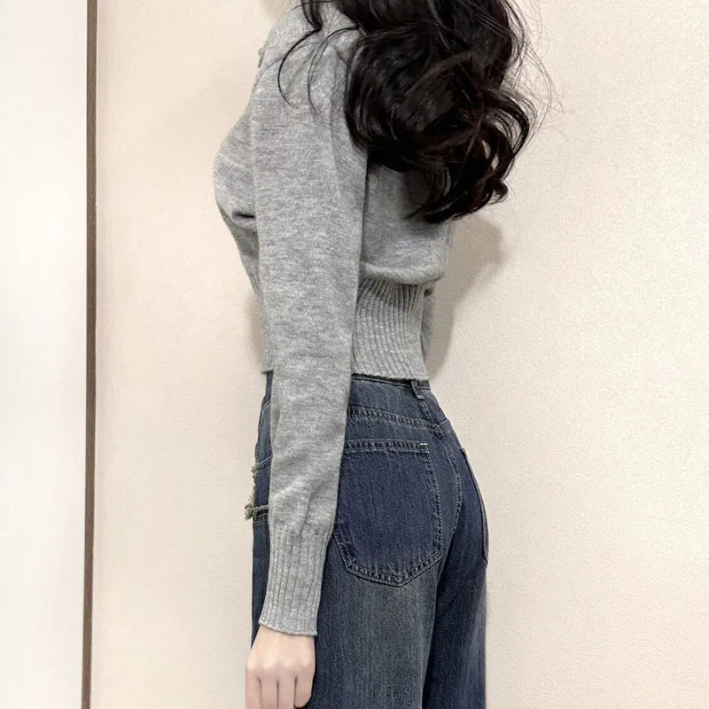 Button-Up Collar Cropped Knit Sweater Long Sleeve Slim Fit