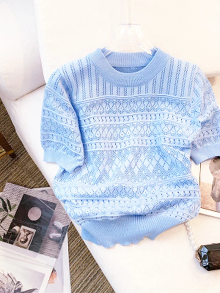 Round Neck Hollow-Out Knit Top Short Sleeve Slim Fit Cropped Pullover