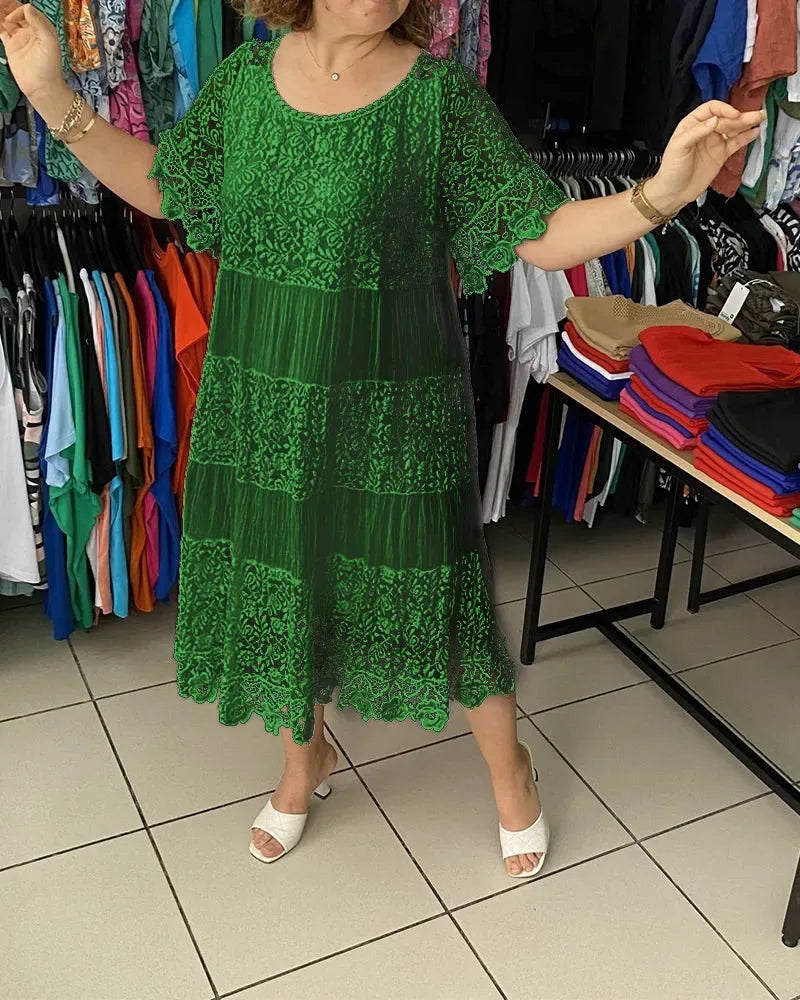 Women Midi Dress Lace Patchwork Round Neck Short Sleeves Hollow Out Flower Embroidery Pleated Party Dress
