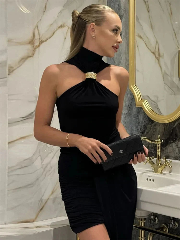 Turtleneck Metal Ring Sleeveless Knit Crop Tank Top