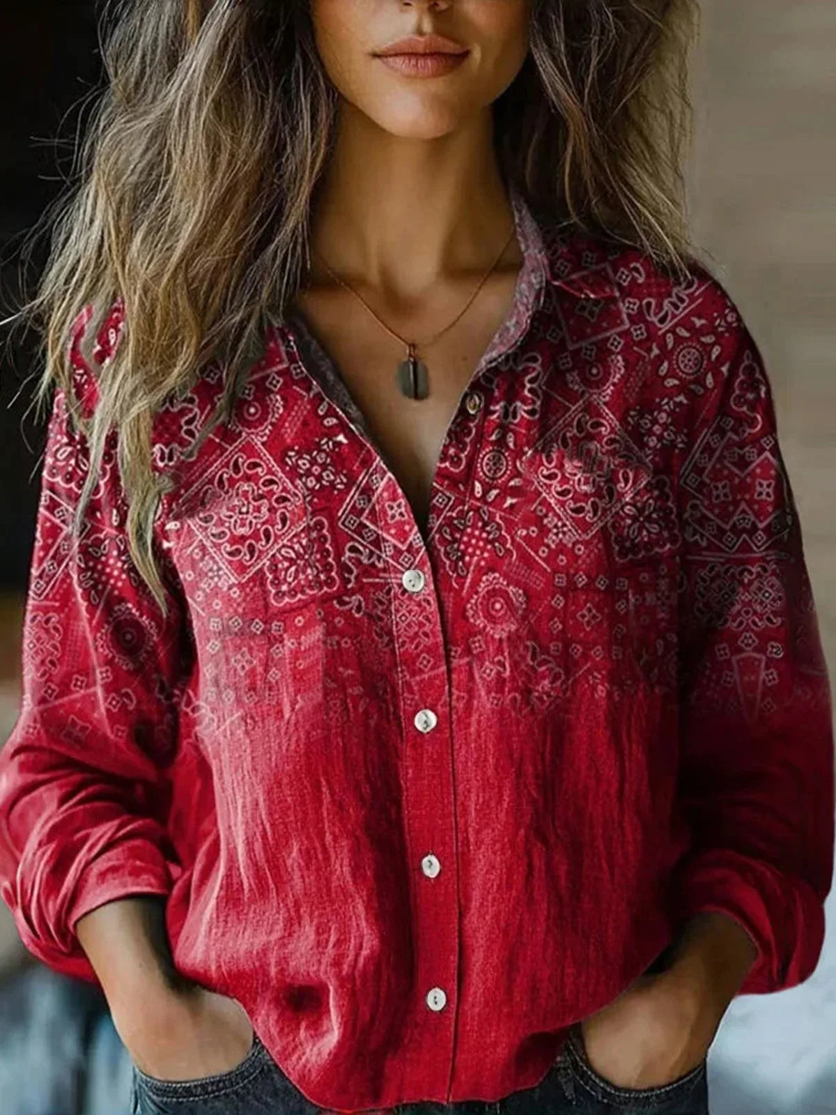 Women's Vintage Print Cotton Linen Shirt - Long Sleeve Casual Blouse