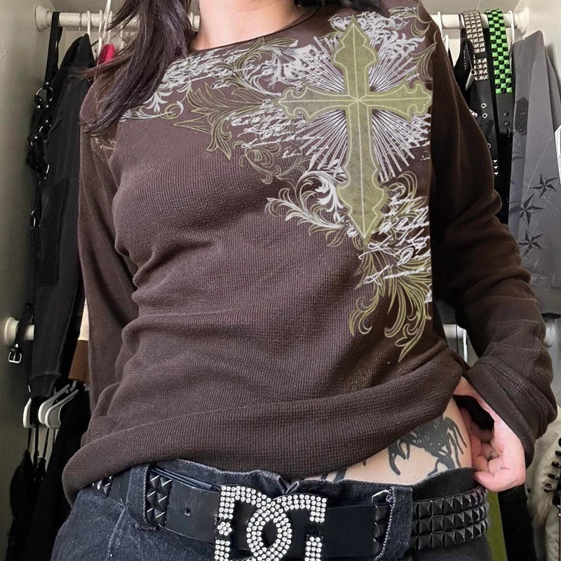 Goth Thermal T-shirt Skulls Graphic Print Long Sleeve Pullovers Tops Women 90s Vintage Aesthetic Tees